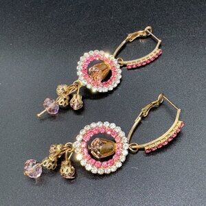 Vintage Statement Pierced Earrings Pink and Clear Rhinestones Dangling